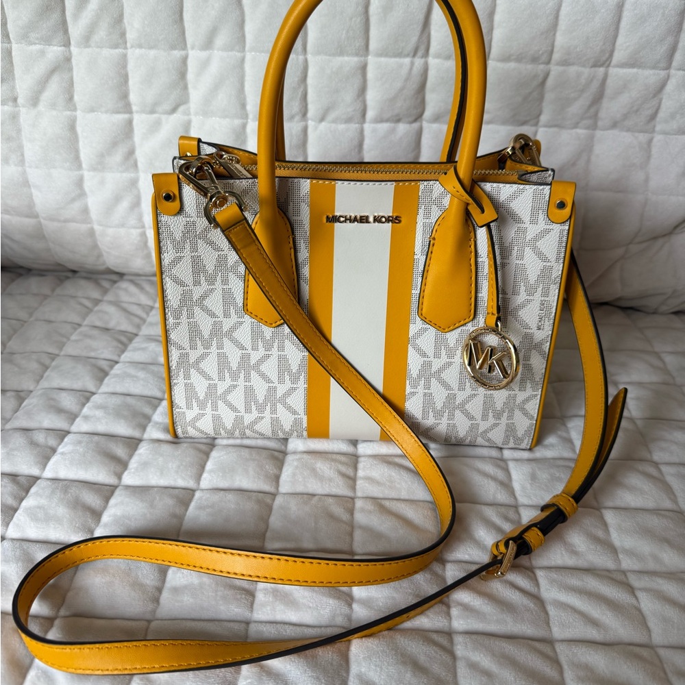 Michael Kors Yellow and White Satchel with Monogram Design